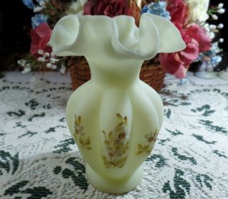 Vintage Fenton Hand Painted Custard Satin Glass Ruffled Vase Signed B.  Wilcox