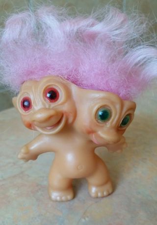 Vintage Uneeda Two Headed Troll Doll,  Pink Hair,  3 " Tall