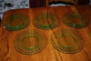 Set Of 5 Green Depression Glass Uranium 8.  5 " Plates Block Optic Anchor Hocking