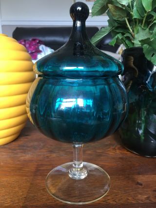 Vintage Teal Empoli Italian Art Glass Bon Bon Jar/ Apothecary 11 Inches