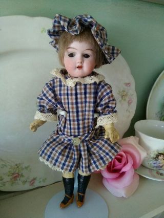Antique German Bisque Head Mignonette Doll 8 ",  Swivel Head,  Glass Eyes
