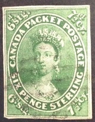 Colony Of Canada 1852 - 59 7 1/2 D Yellow Green Stamp Vfu