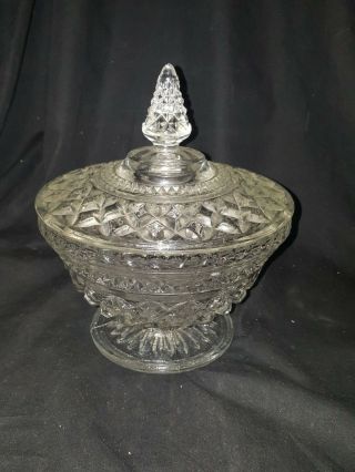 Vintage Clear Depression Glass Diamond Pattern Pedestal Candy Dish W Lid