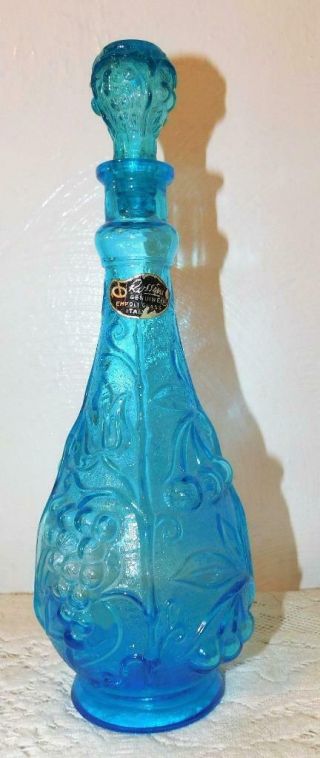 Vintage Mid Century Italian Empoli Blue Art Glass Genie Bottle Wine Decanter