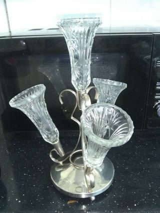 Vintage Epergne Wih 4 Cut Glass Trumpets Silver Plated Epns