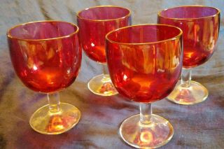 Four Bartlett Collins Cranberry Glass Thumbprint Goblets With Clear Stems