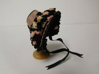 Vintage Signed Mj Dowd Artisan Dollhouse Doll Pink Rose Black Hat Bonnet