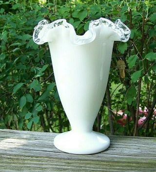 Fenton Milk Glass Silver Crest Large 6 1/2 " Footed Ruffled Vase