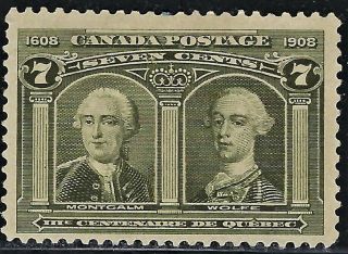 Canada 1908 Scott 100,  Mint/h,  " Quebec Tercentenary " 7c Fog Very Fine