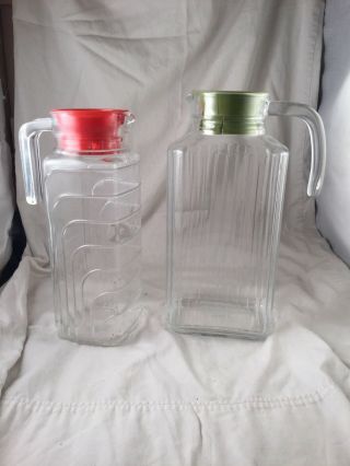 Vintage Ribbed Glass Water Pitchers With Lids