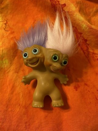 Vintage Uneeda Two Headed Troll Doll 3 " Tall Punk Purple Hair
