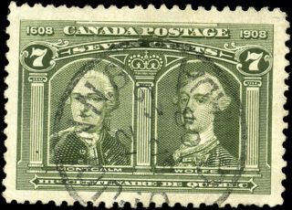 Canada 100 Vf 1908 Quebec 7c Olive Green Montcalm & Wolfe Soncds Cv$100.  00