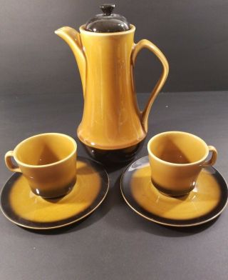Porcelain Ceramic Tea Coffee Chocolate Pot 2 Matching Cups Mid Century Modern