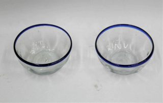 Set Of 2 Vintage Mexican Hand Blown Glass Cobalt Blue Rim Bowls 5.  5 " Diameter