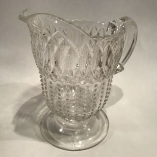 Eapg Antique Glass Creamer 5 " Tall Pitcher Footed Point Hobnail Vertical