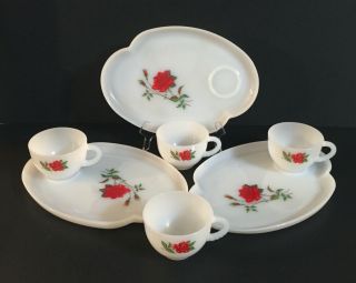 Vtg Federal Milk Glass 7 Pc Retro Luncheon Snack Set Red Rose Shower Tea Party
