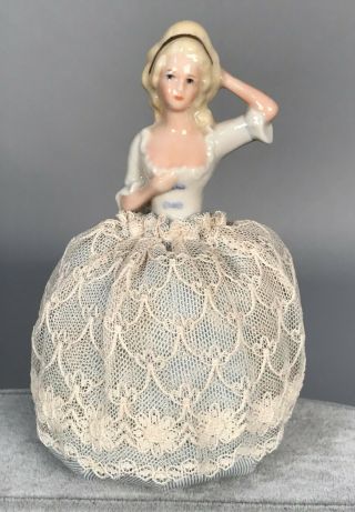 Antique Bisque Half Doll Pincushion W/ Dress Blonde Hair Germany Bj8 5.  5 " Tall