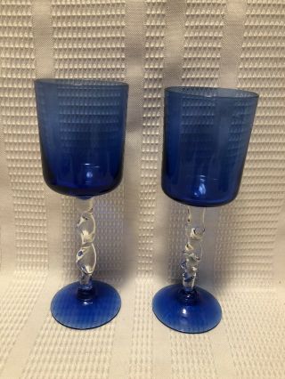 Cobalt Blue Glass Cylindrical Bowl/clear Twisted Stem - Wine Glasses (qty.  2)