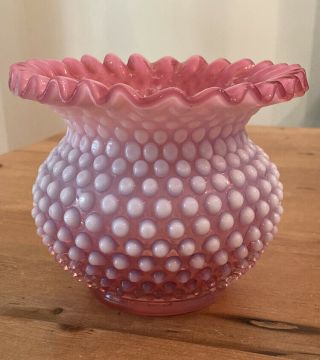Fenton Glass Company Cranberry Pink Opalescent Hobnail Crimped Top Vase