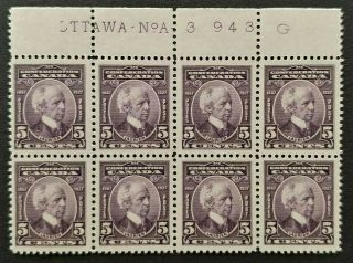Canada Stamps,  Scott 144,  5c Laurier,  Plate 3,  Upper Block Of Eight,  Mnh Og Xf