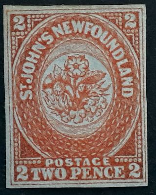 Rare 1860 - Newfoundland 2d Orange Vermilion Heraldic Flowers Stamp