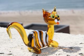 4 " Murano Style Art Craft Color Glass Figurines " Happy Cat " C10