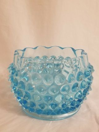Turquoise Blue Glass Hobnail 3 " Vase / Bowl Scalloped Rim Vintage
