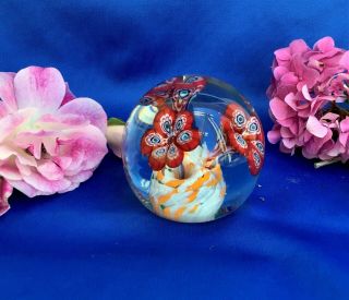 Vintage Murano Style 3 Sprouting Red Flowers Millefiori Art Glass Paperweight