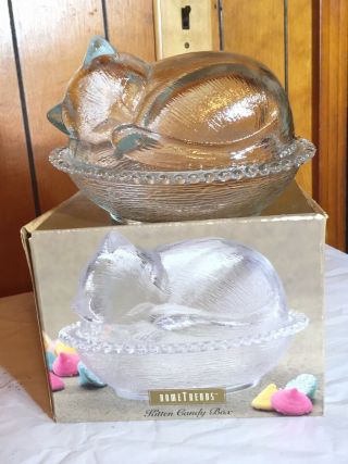 Vtg Indiana Glass Sleeping Kitten Cat In Basket Covered Nesting Candy Dish 7x5.  5
