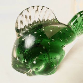 Vtg Art Glass Paperweights Green White Puffer Fish Hand Blown Glass Euc