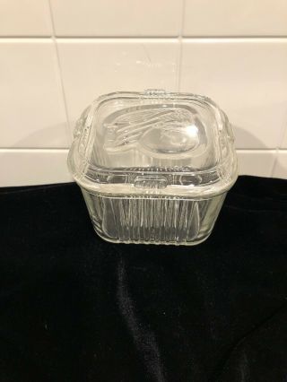 Vintage Federal Clear Glass Ribbed Refrigerator Dish Square Vegetable With Lid