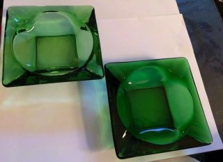 2 Anchor Hocking Forest Green Mid Century Glass Ashtrays