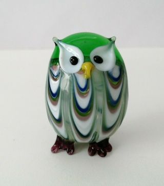 Vintage Murano Art Glass Owl Figurine Mini Green White