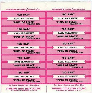 Beatles Paul Mccartney So Bad 45 Rpm Juke Box Strip Sheet Sterling Company