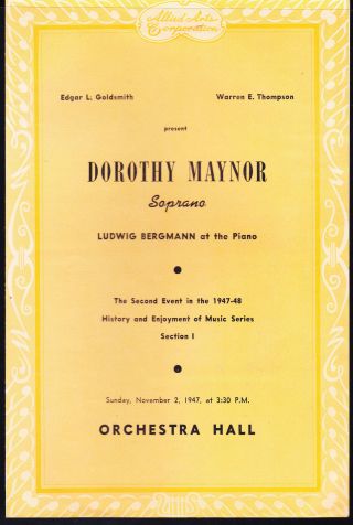 Dorothy Maynor,  Recital Program Chicago Orchestra Hall 1947 African American
