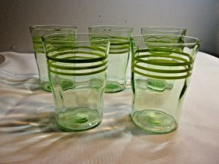 Set Of 5 Green Depression Era Glass Tumblers W/ Stripes / Look