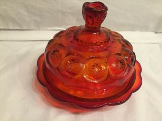 Vintage L.  E.  Smith Red Amberina Glass Round Covered Butter Dish,  Moon Stars