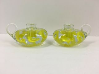 Joe Rice St Clair Glass Paperweight Candle Holders Yellow Trumpet Flower