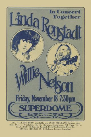 Linda Ronstadt & Willie Nelson At Superdome Louisiana Concert Poster 1977 12x18