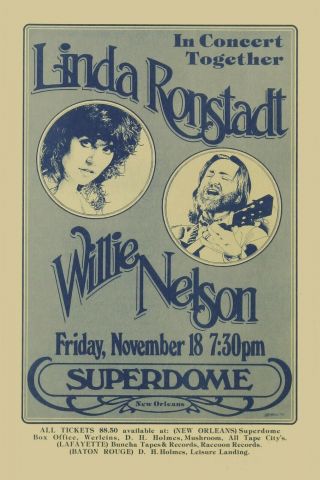 Linda Ronstadt & Willie Nelson at Superdome Louisiana Concert Poster 1977 12x18 2