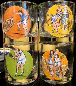Set Of 4 Vintage Mid Century Modern Mcm Tennis Themed Drinking Glasses Pristine