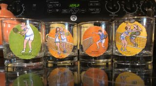 Set of 4 Vintage Mid Century Modern MCM Tennis Themed Drinking Glasses Pristine 2