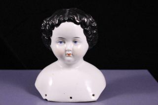 Rare 1850 Antique German Black Hair Flat Top China Head Doll Civil War