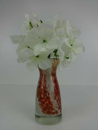 Art Glass Flower Vase Murano Style Clear White Orange Abstract Detail Design