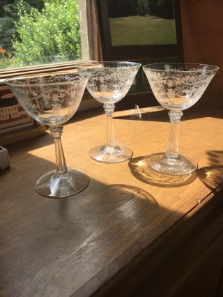 Three 1942 - 1971 Elegant Glass Fostoria Romance Etched Champagne Stem Sherbets