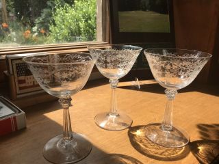Three 1942 - 1971 Elegant Glass Fostoria Romance Etched Champagne Stem Sherbets 3