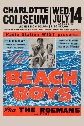 The Beach Boys At Charlotte Nc.  Concert Poster 1965 12x18