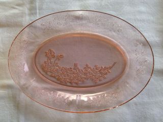 Pink Depression Glass Cabbage Rose Pattern Oval Platter 12 1/2 " Length Vgc