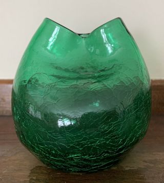 Vintage Blenko Crackle Glass Pinched Green Vase Gift Quality 3 3/4” Tall 2