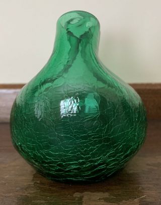 Vintage Blenko Crackle Glass Pinched Green Vase Gift Quality 3 3/4” Tall 3